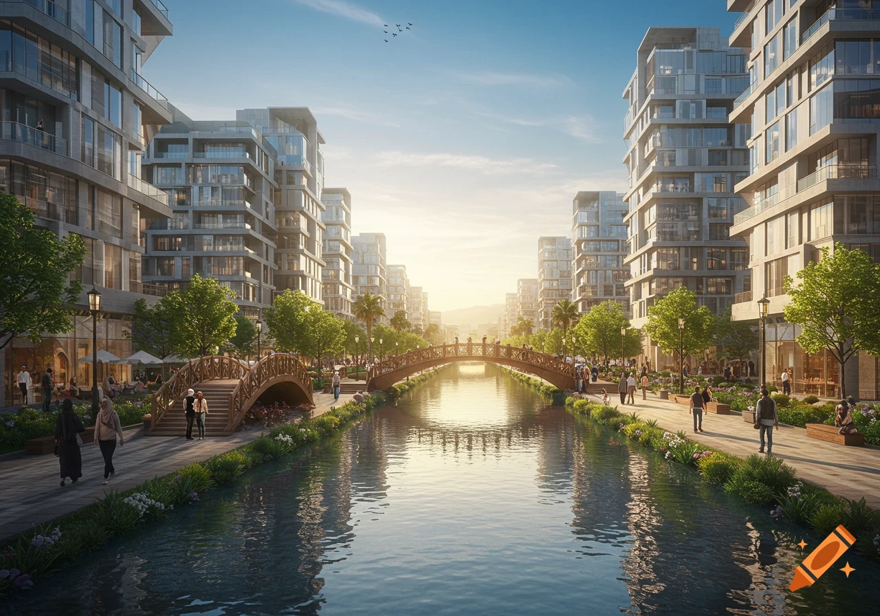 A photorealistic rendering of a modern city river lined with contemporary residential buildings, bridges, and people walking.