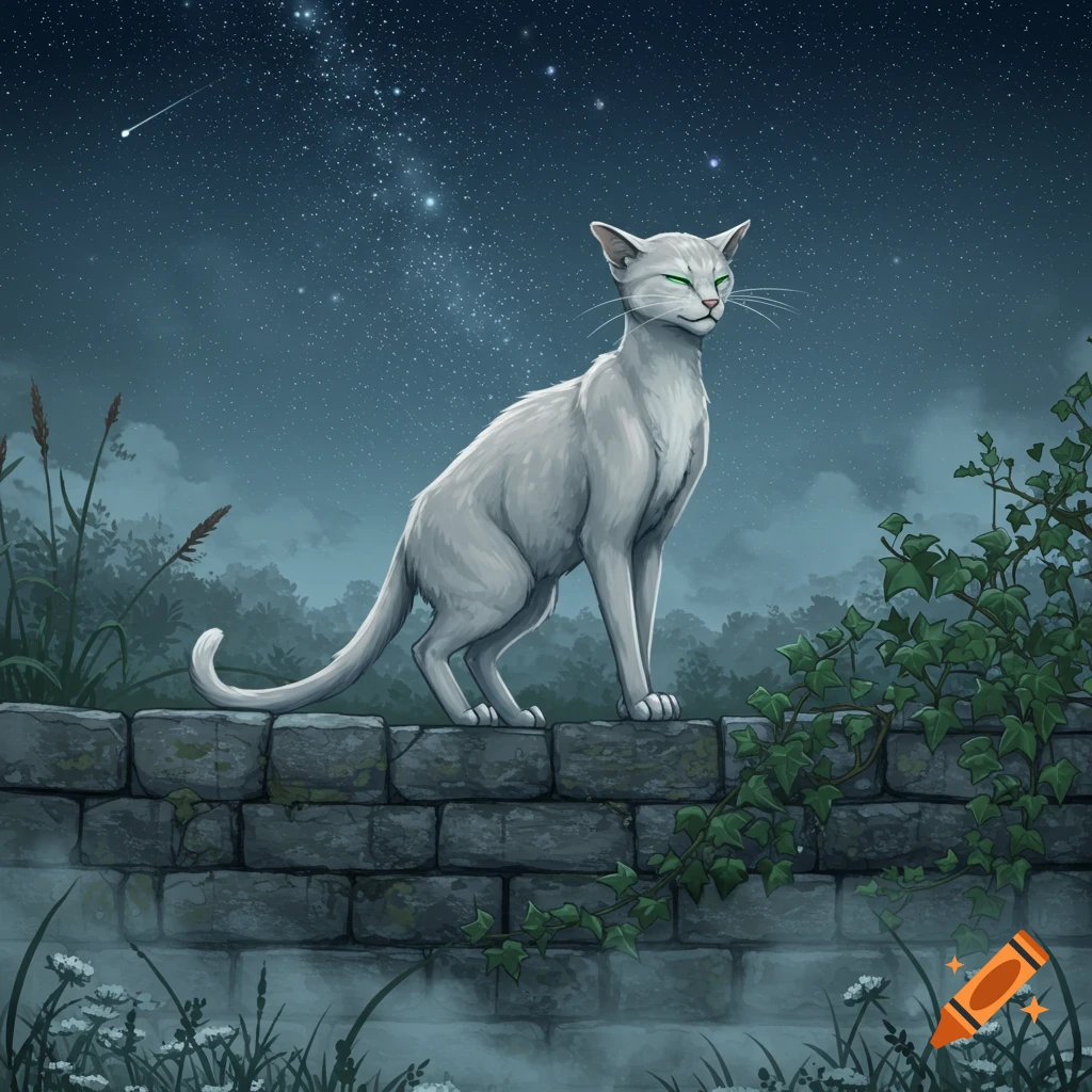 Illustrated white cat sitting on a stone wall under a starry night sky.