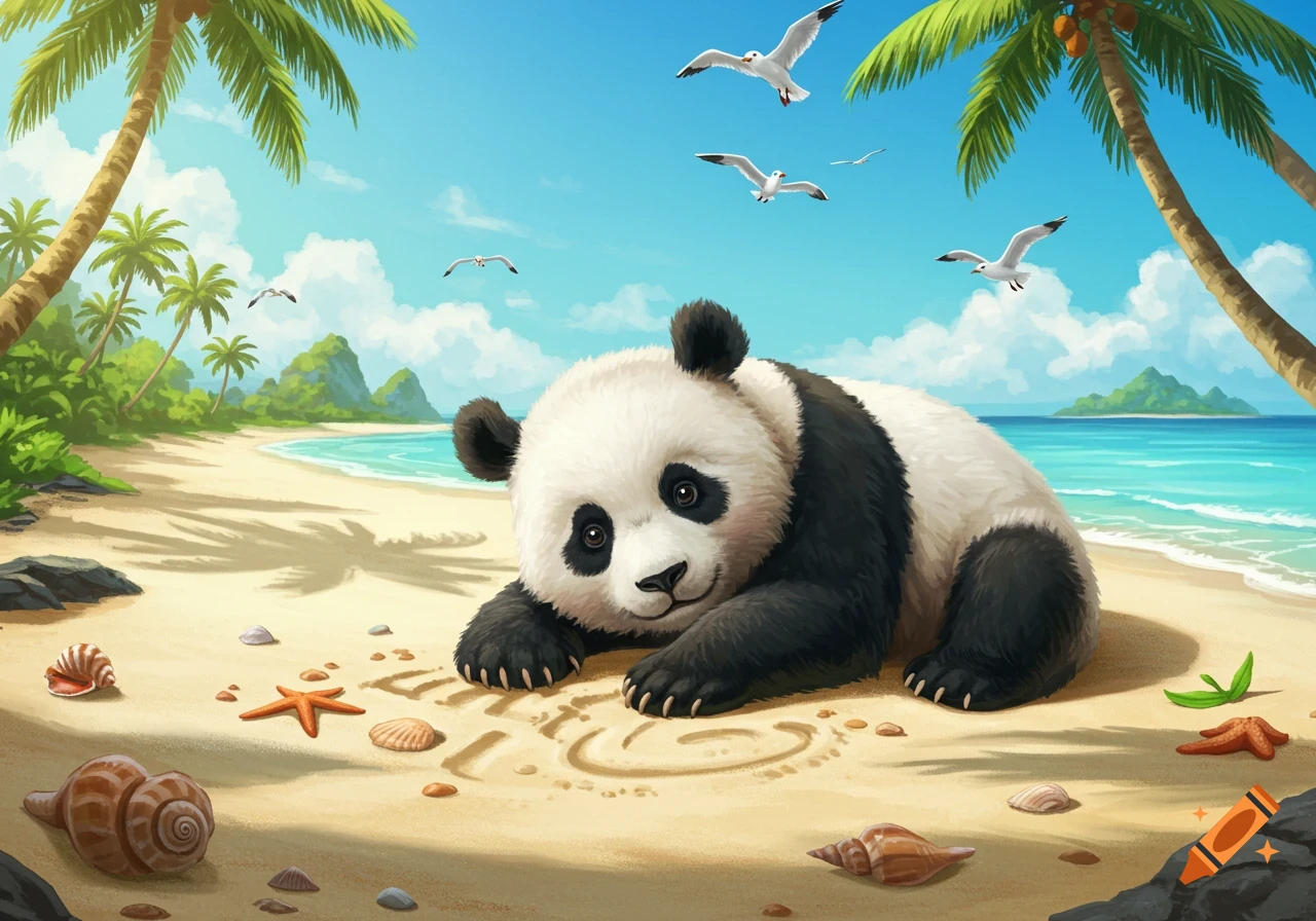 A cute cartoon panda lies on a tropical beach with palm trees, ocean, and seagulls, surrounded by seashells.