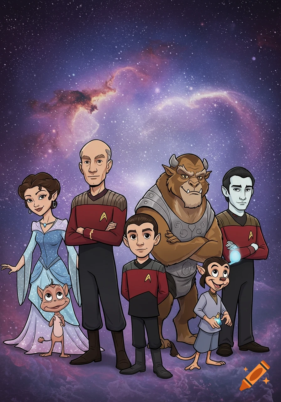 Cartoon of Star Trek TNG characters mixed with Disney-style figures like a princess and Beast, alongside aliens, against a cosmic background.