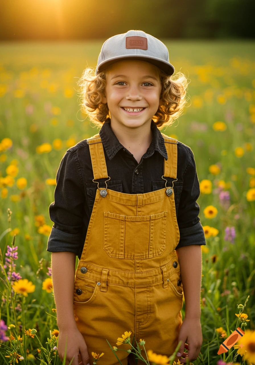 A cheerful young boy with curly blonde hair and a gray baseball cap smiles in a field of yellow wildflowers during golden hour. Photorealistic style.