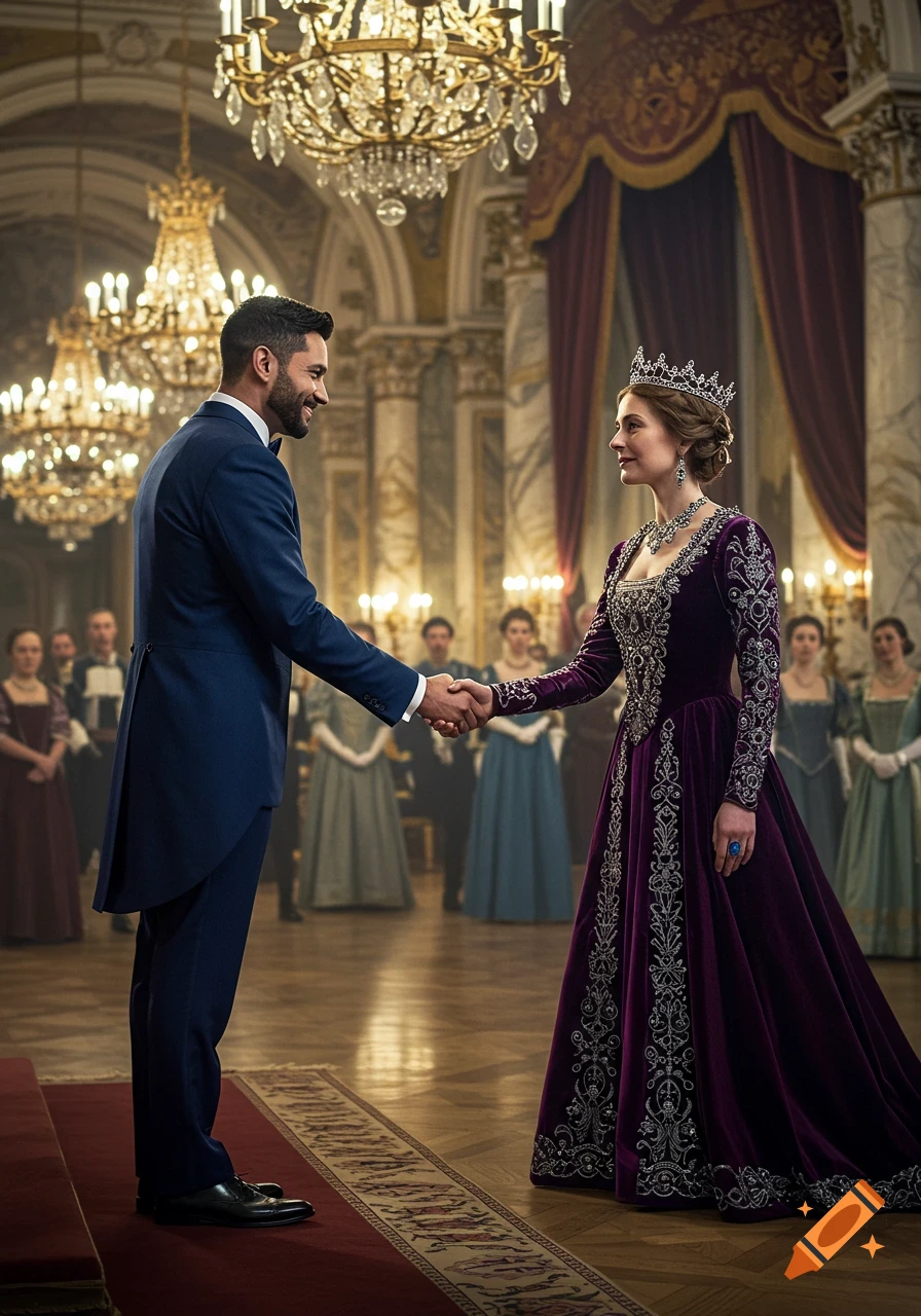 A man in a blue suit shakes hands with a queen in a purple gown and crown in a grand, chandelier-lit hall.