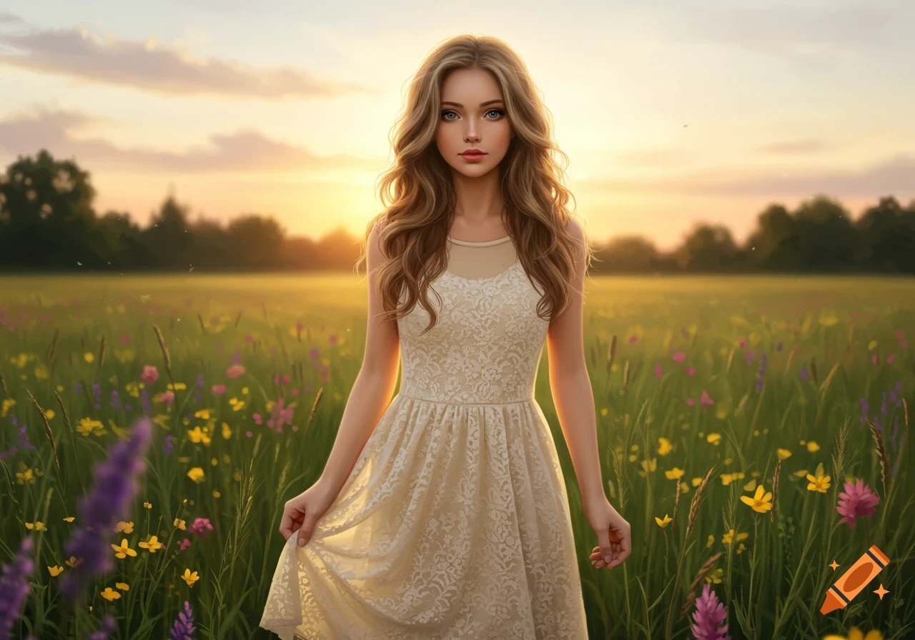 A young woman in a light dress stands in a vibrant wildflower field at sunset, looking directly forward.