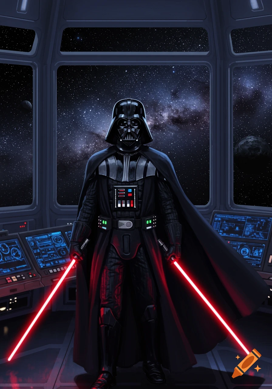 Darth Vader stands in a spaceship cockpit, holding two red lightsabers, with a view of a starry galaxy through the windows.