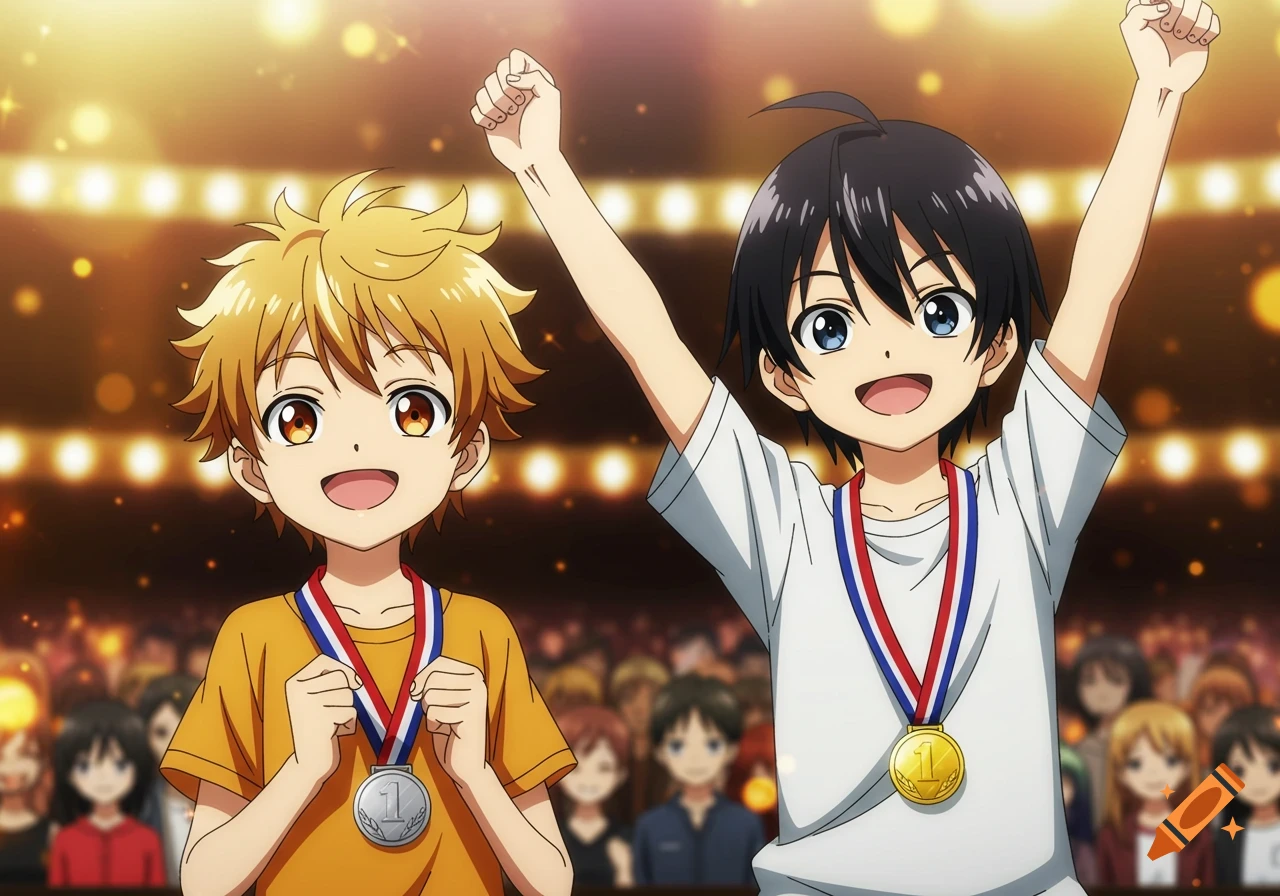 Two smiling anime boys celebrating with medals on a brightly lit stage in front of a blurred audience. One boy has a gold medal, the other a silver.