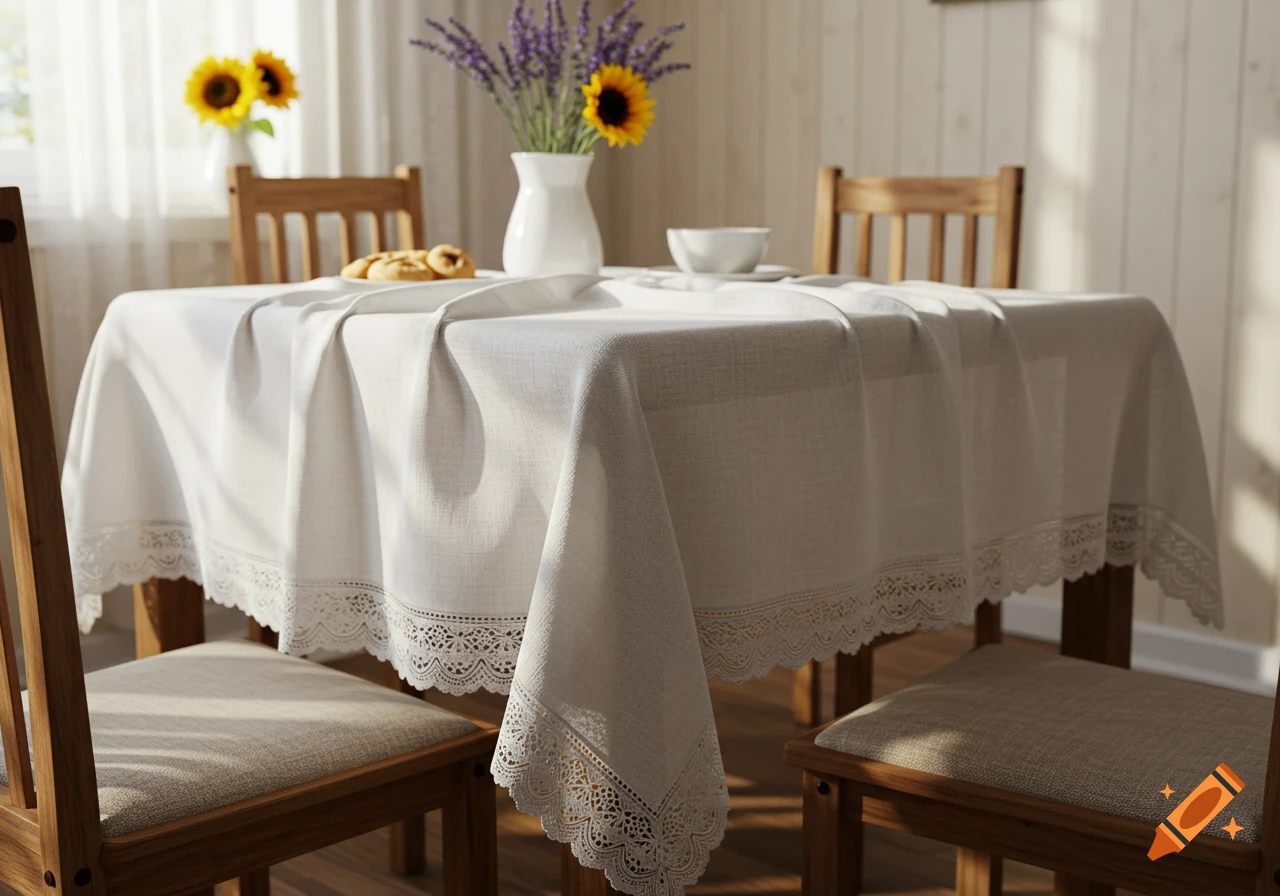 Photorealistic image of a dining table with a white lace-trimmed tablecloth, flowers, pastries, and chairs in a sunny room.