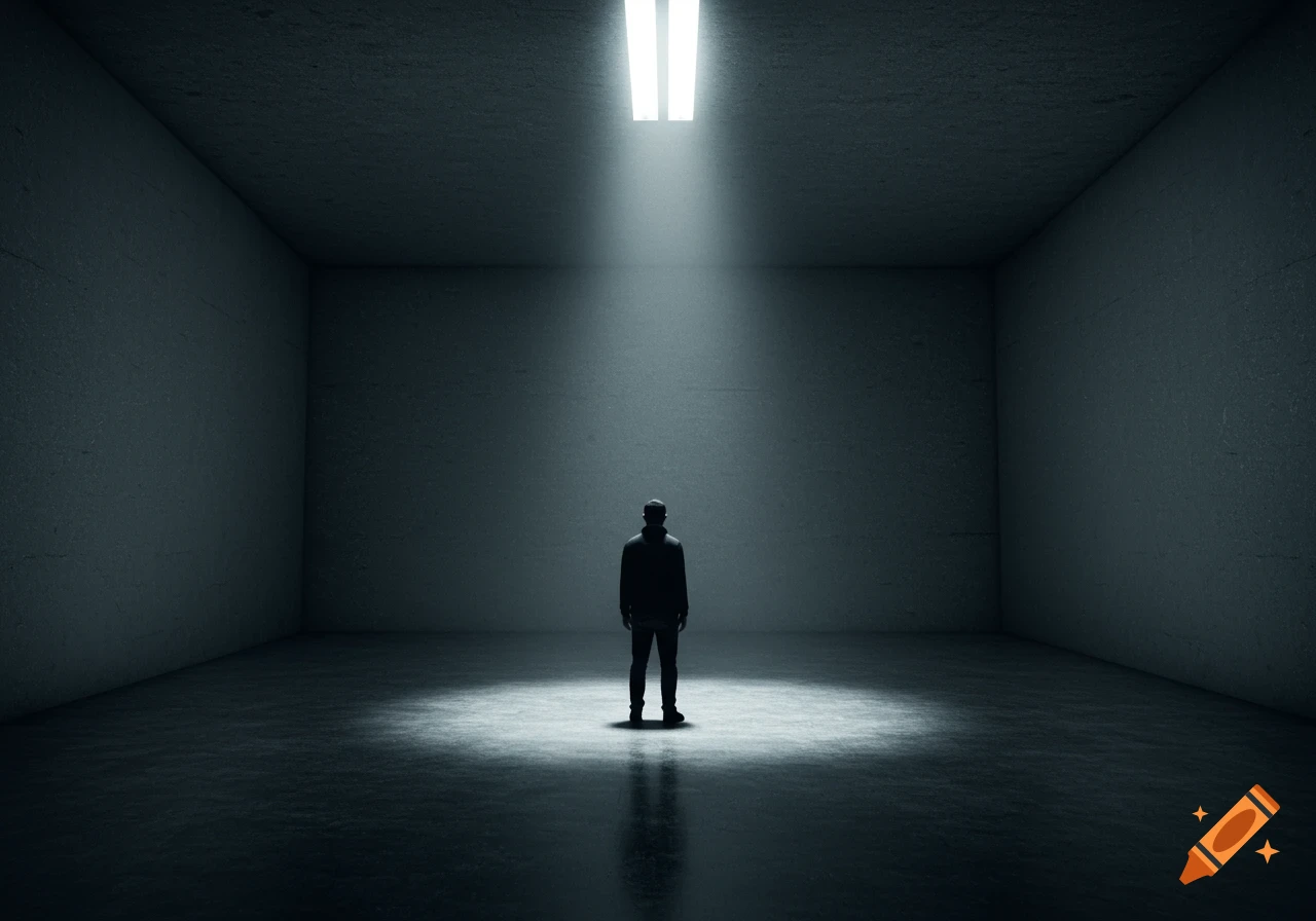 A lone man stands silhouetted in a dark, empty concrete room, illuminated by a single overhead light.