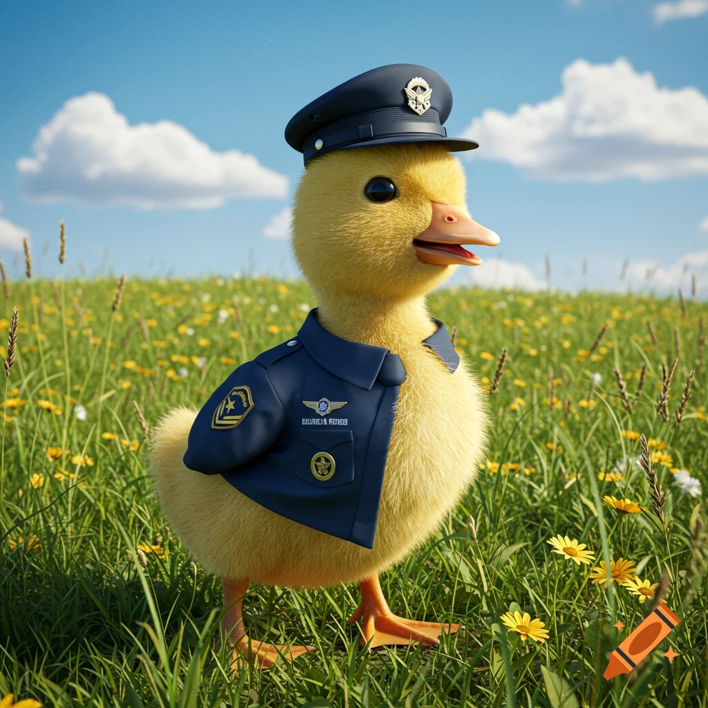A fluffy yellow duckling wearing a blue cadet uniform and cap stands in a field of green grass and yellow flowers.