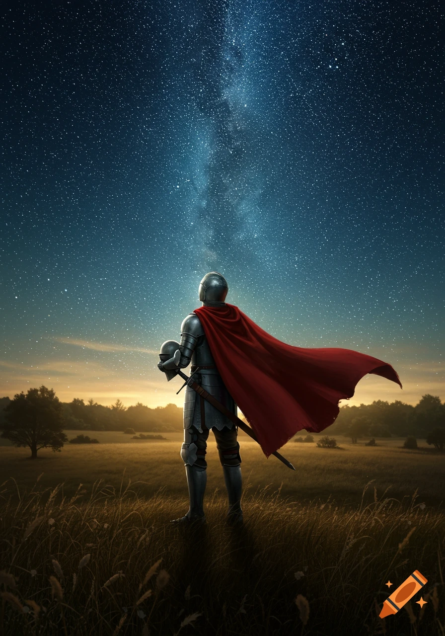 A medieval knight in shining armor and a red cape stands in a field at dusk, looking up at the starry night sky.