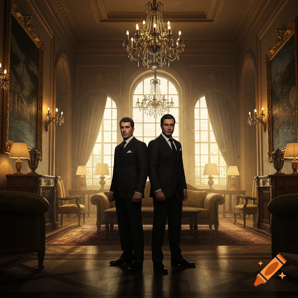 Two men in black suits stand in a luxurious, ornate mansion room with chandeliers, large windows, and elegant furniture.