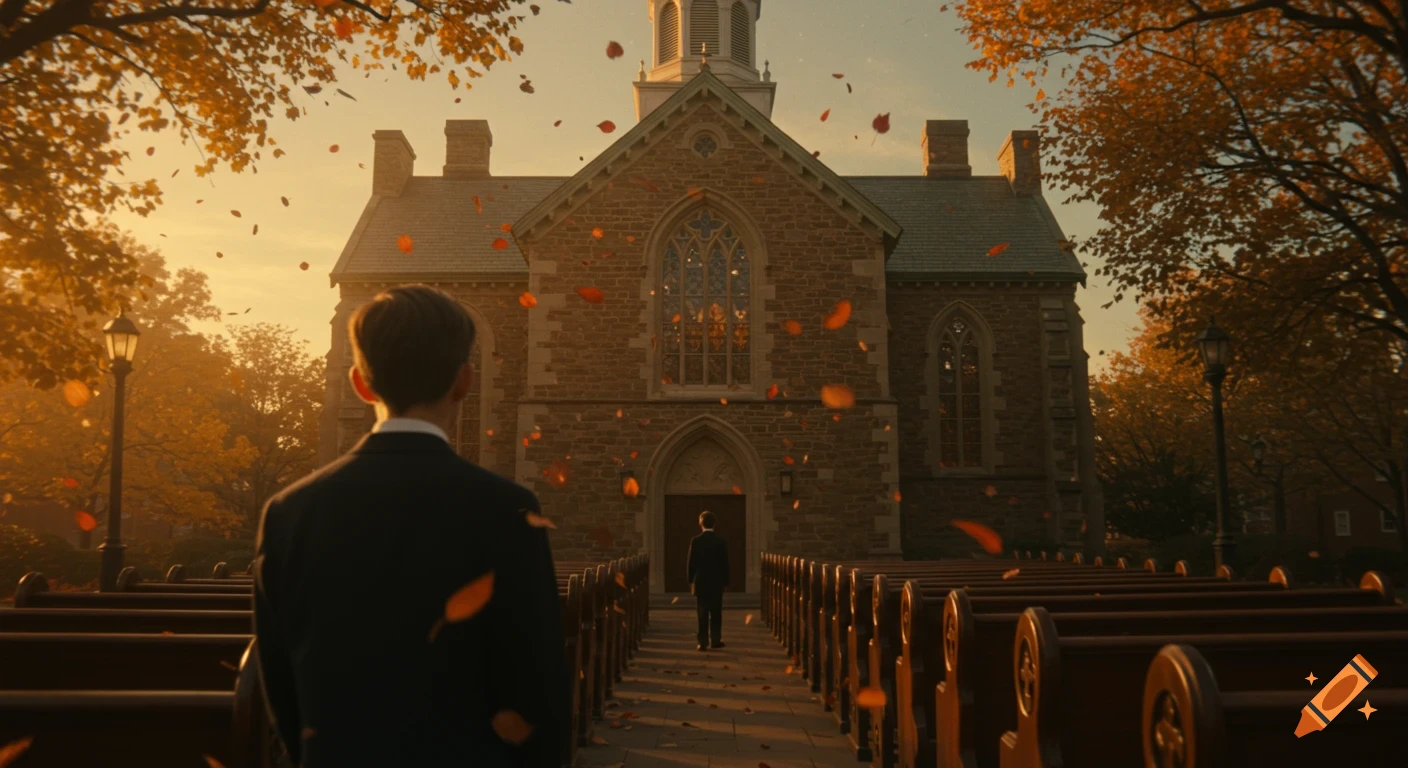 A student in a suit stands facing a stone chapel with falling autumn leaves at sunset. Photorealistic, cinematic.