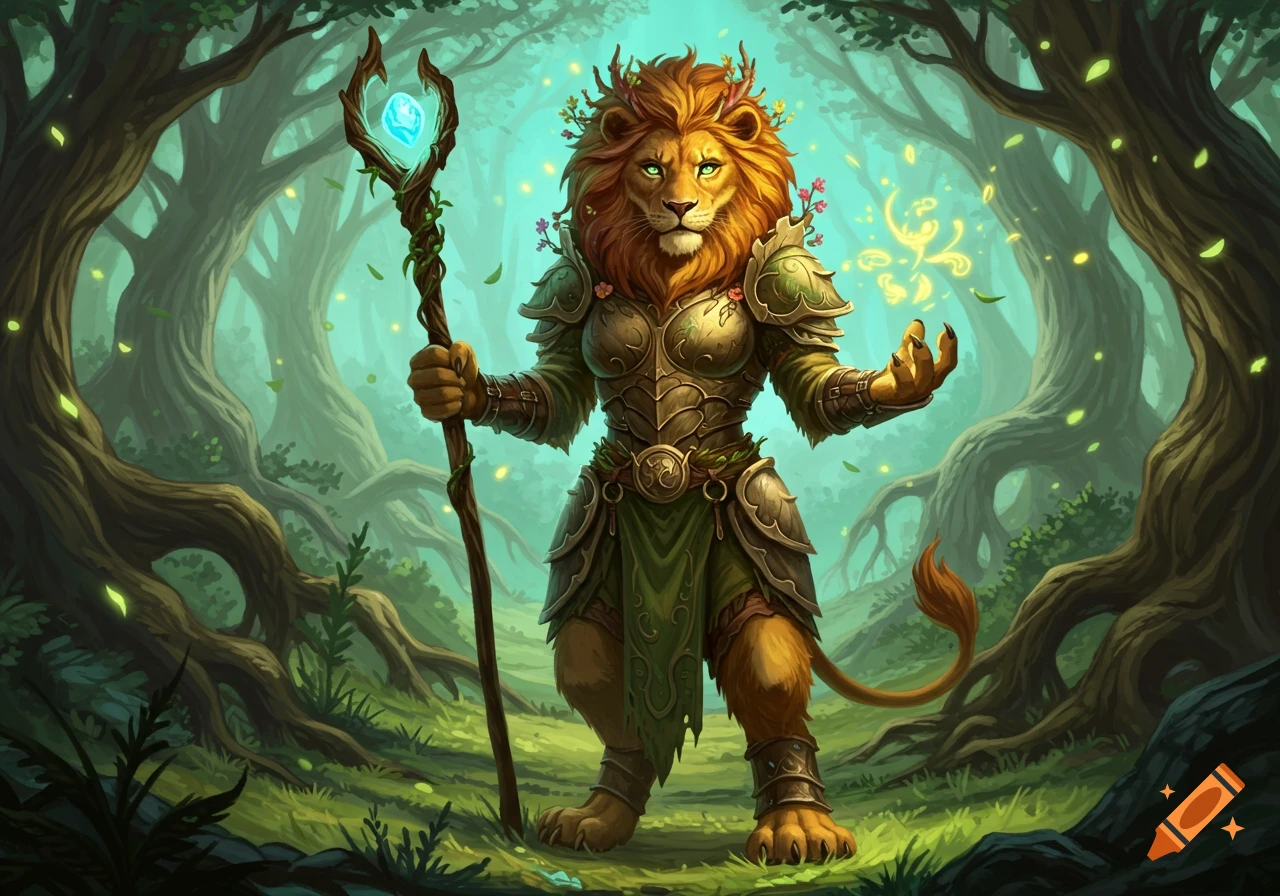 A majestic anthropomorphic lion druid in armor holding a magical staff and casting a spell in a mystical forest.