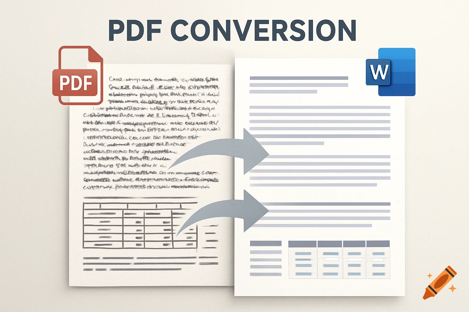 A graphic depicting PDF to Word document conversion, with a messy PDF on the left and a clean Word document on the right, connected by arrows.