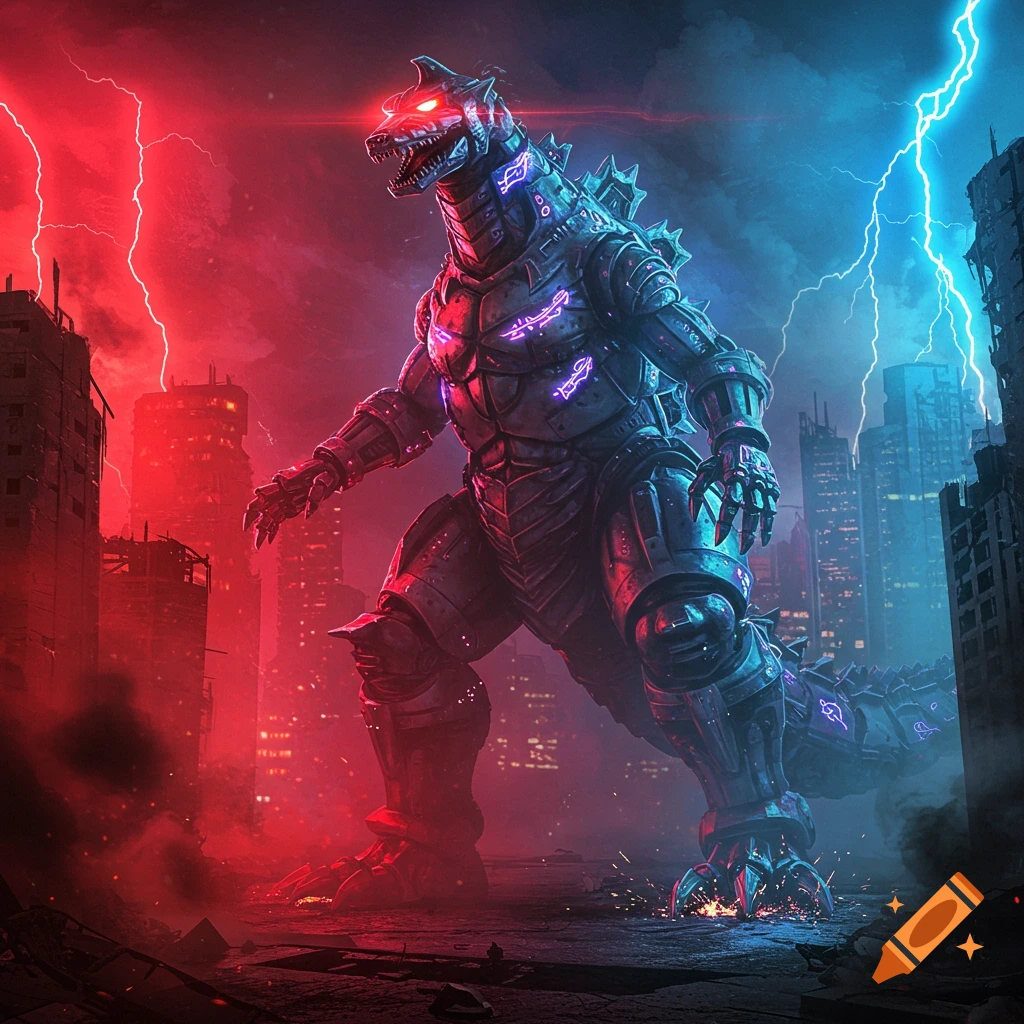 Mechagodzilla stands powerfully in a destroyed city under striking red and blue lightning, in a dark, dramatic digital art style.