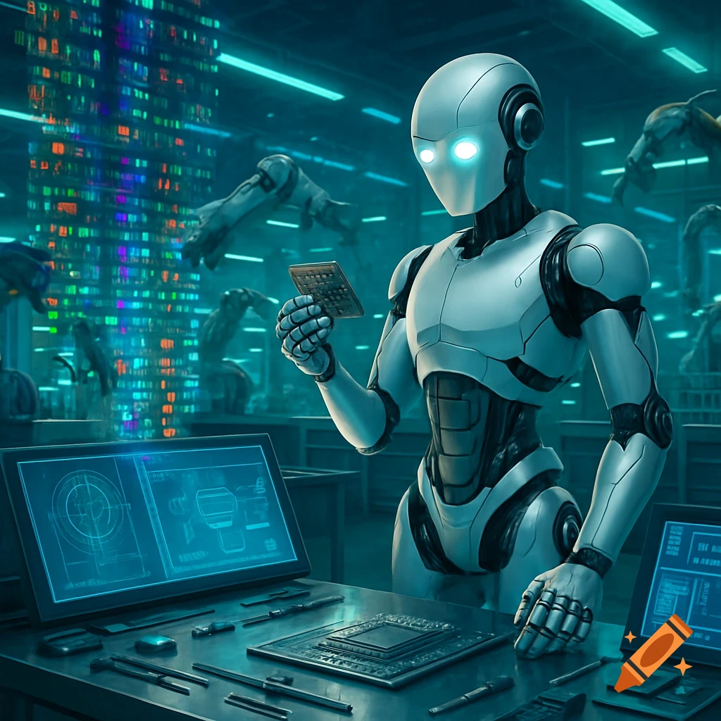A humanoid robot with glowing eyes examines a microchip in a futuristic lab filled with other robots and luminous holographic displays.