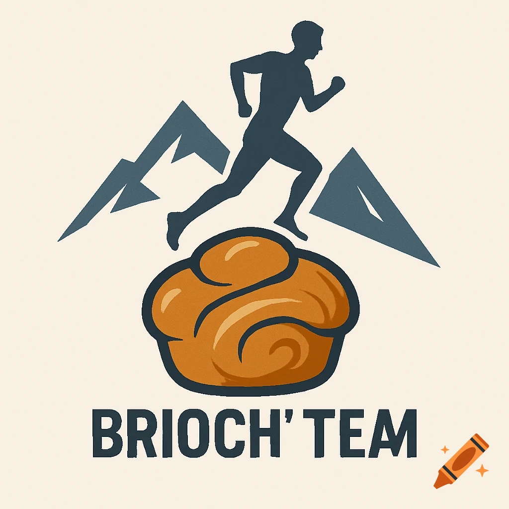 Logo for 'Brioch'Team' with a runner silhouette over geometric mountains, a stylized brioche, and the team name below.