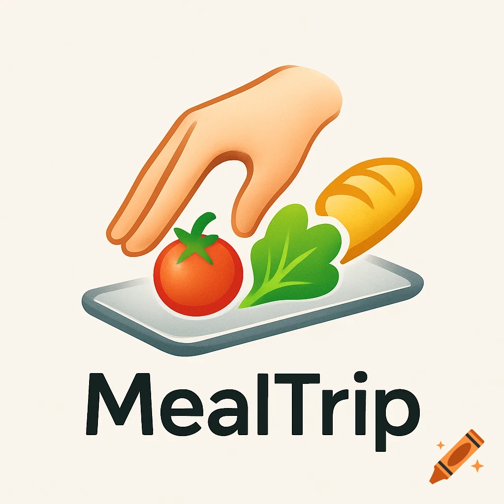 A stylized logo for MealTrip app showing a hand reaching for a tomato, lettuce, and bread on a smartphone screen.