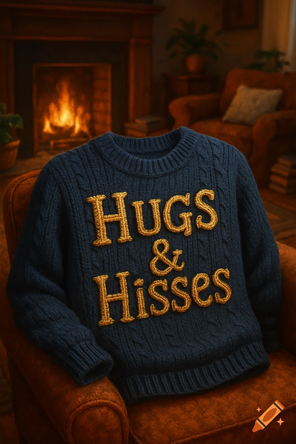 Navy blue cable-knit sweater with 'HUGS & HISSES' in gold yarn on an armchair by a fireplace.
