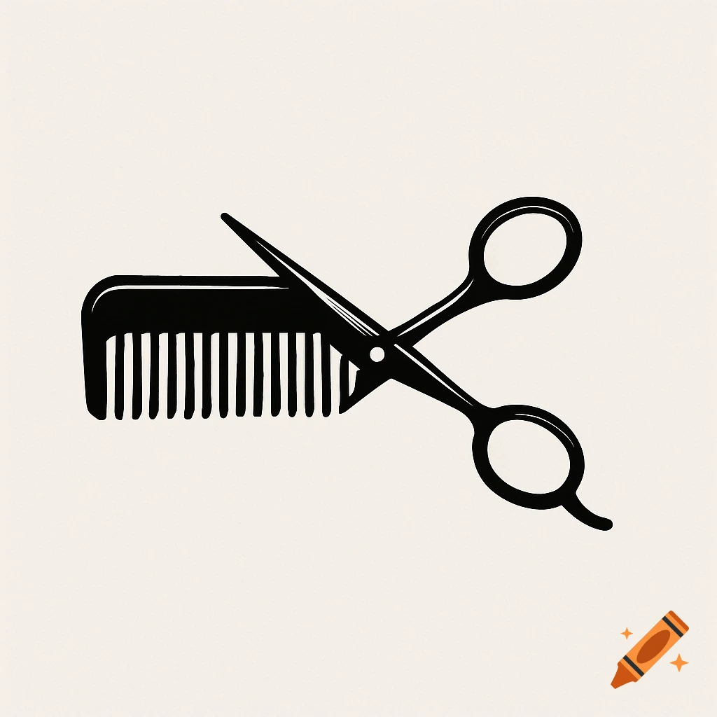 A black and white logo illustration of a comb and open scissors overlapping horizontally on a light background.