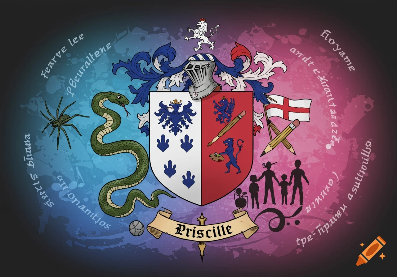 A colorful coat of arms featuring a central shield with an eagle and stylized feet on one side, and a lion, pencils, and an artist's palette on the other. It's flanked by a snake and a spider on the left, an English flag and silhouettes of people on the right. A banner at the bottom reads "Priscille".