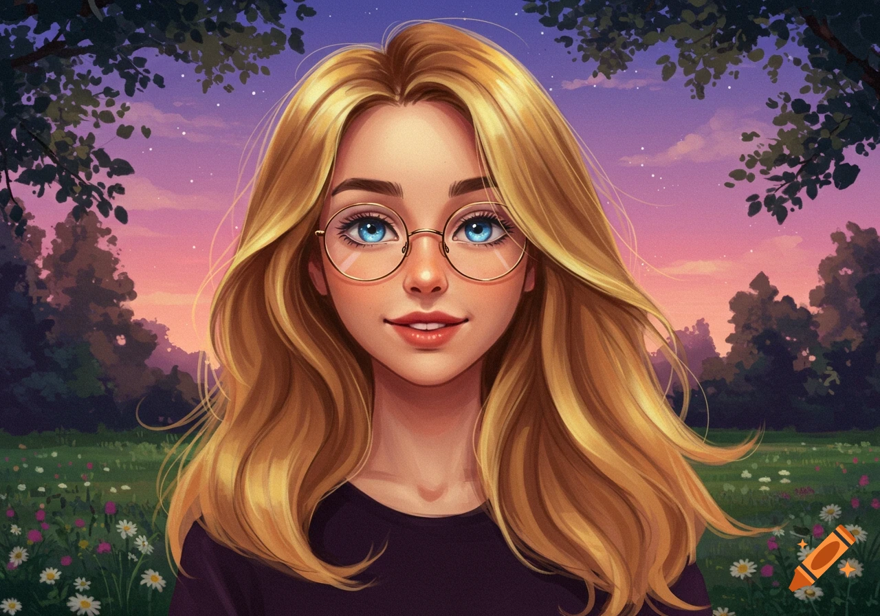 Illustration of a blonde woman with blue eyes and glasses, smiling in a field with trees and a purple sunset.