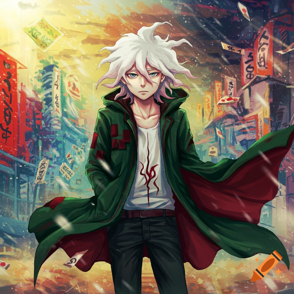Anime character Nagito Komaeda with white spiky hair in a green coat and white shirt, standing in a vibrant Japanese street scene.