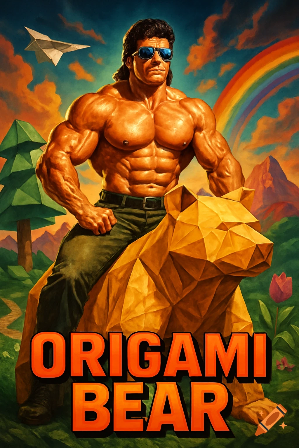 Muscular man in sunglasses rides a huge origami bear, with a paper airplane, rainbow, and 'ORIGAMI BEAR' text.