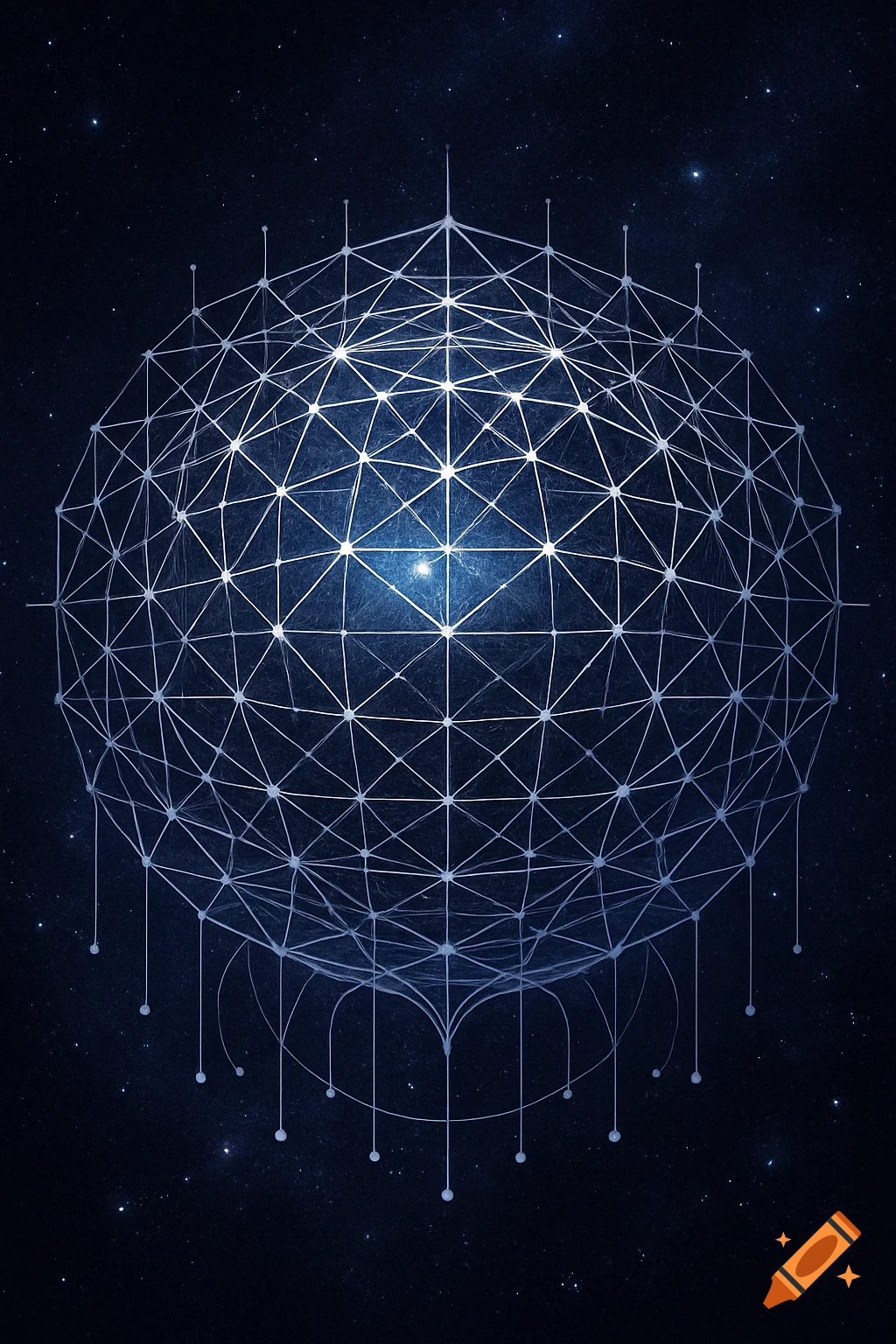A luminous geometric network sphere with delicate lines extending downwards, set against a dark, starry blue space background.
