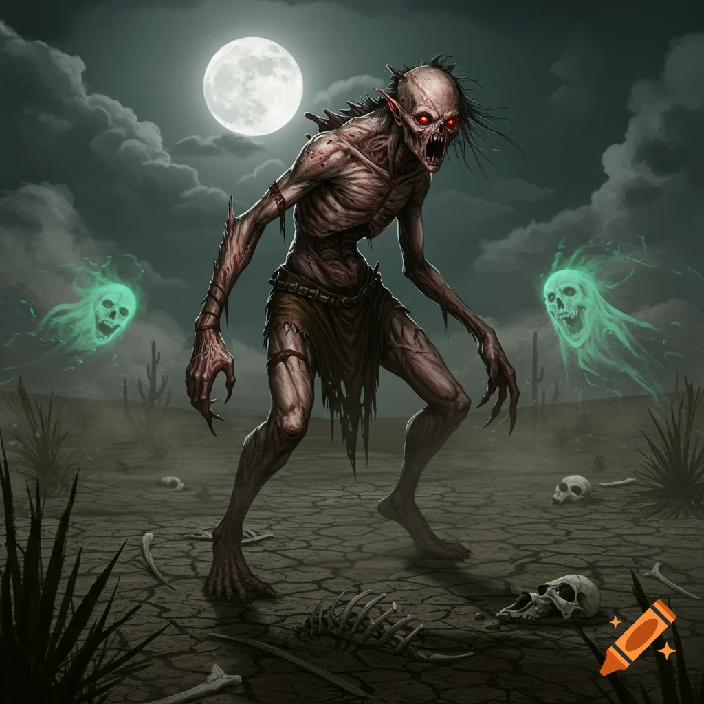 A grotesque, emaciated monster with red eyes and sharp claws stands in a cracked desert under a full moon, flanked by green ghostly skulls and skeletal remains.