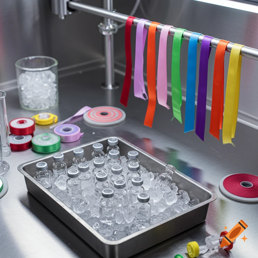 Numerous clear medical vials on ice in a metal tray, with colorful ribbons hanging on a bar and spools of ribbon nearby, in a stainless steel lab.