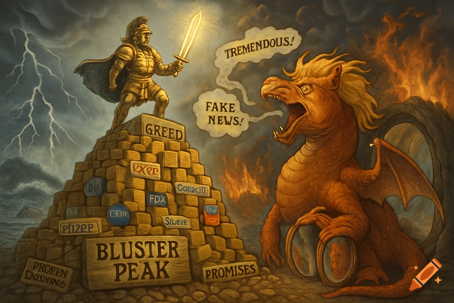 A satirical painting of a warrior on "Bluster Peak" facing an orange dragon exhaling "TREMENDOUS!" and "FAKE NEWS!"