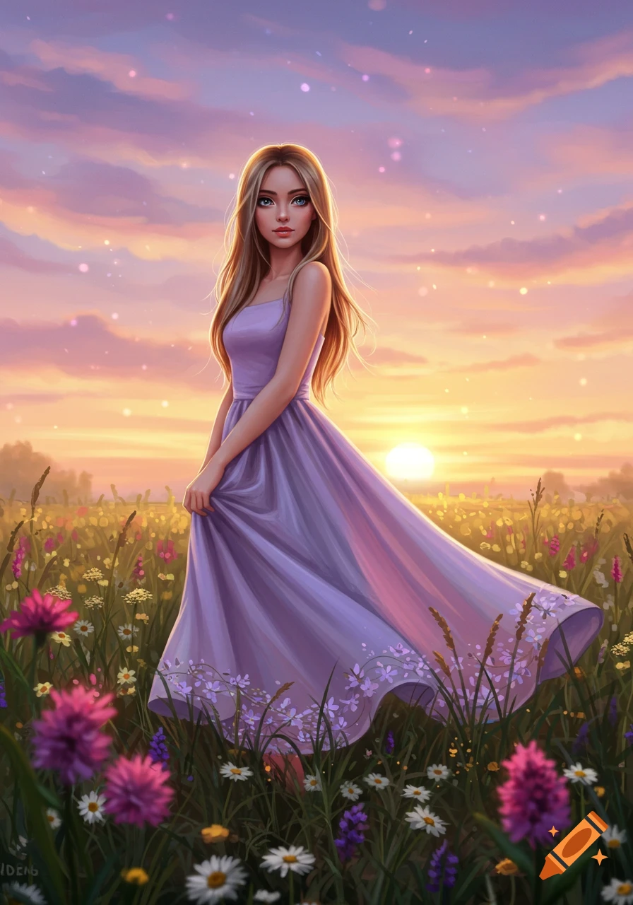 Young woman in a purple dress standing in a field of wildflowers at sunset, digital painting.