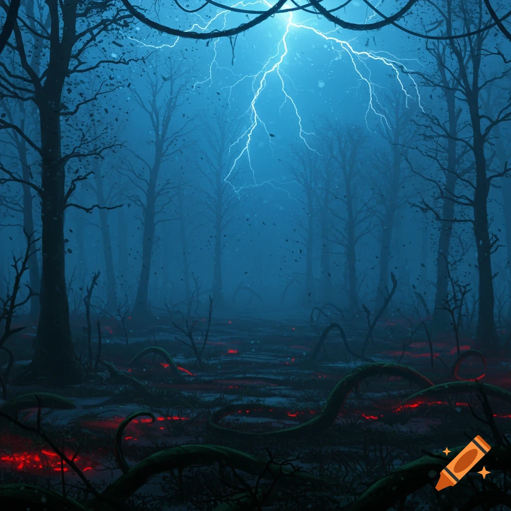Dark, eerie forest with leafless trees, a stormy blue sky, and bright lightning. Red glowing puddles and gnarled vines on the ground.