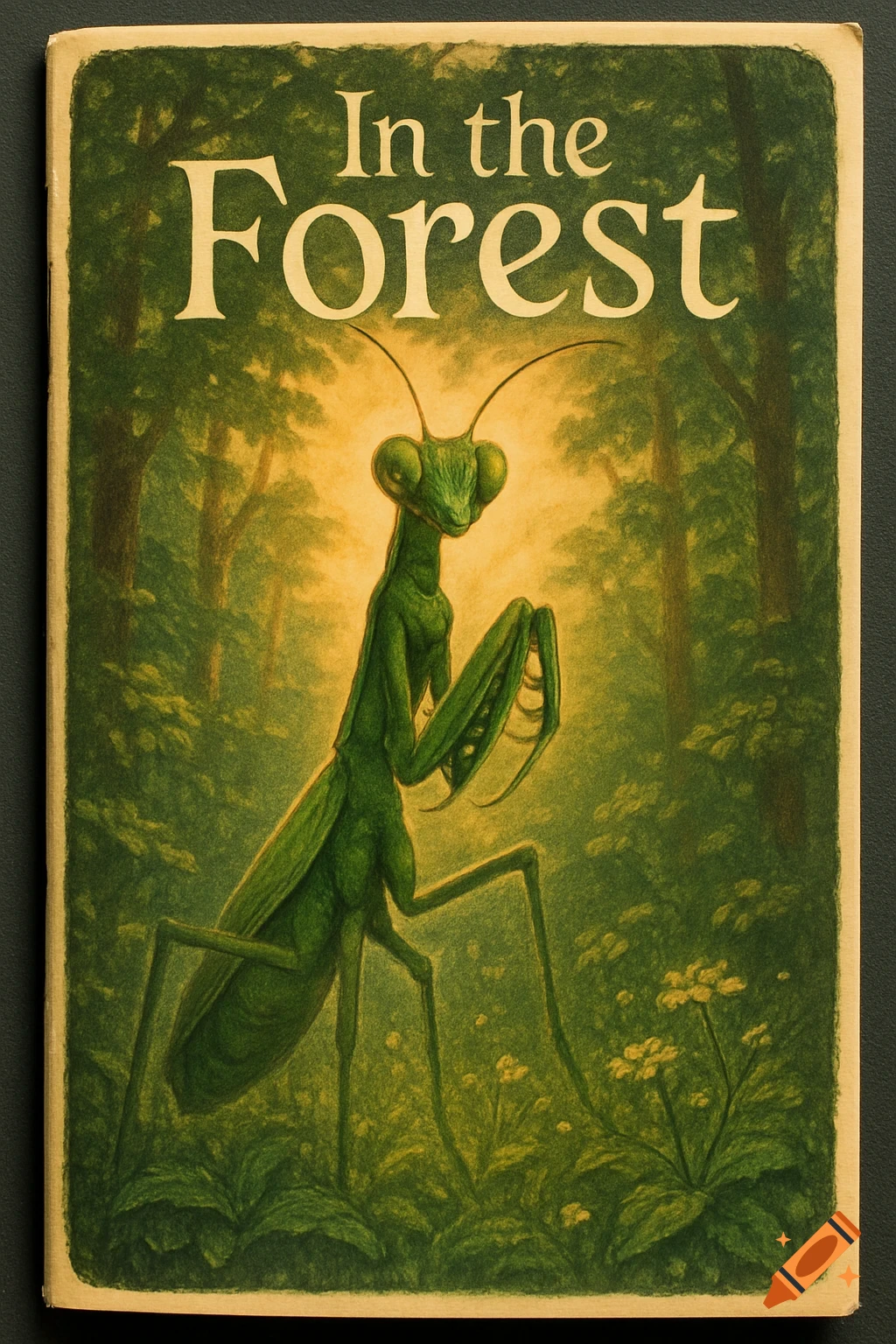 A vintage-style illustration of a large green praying mantis standing in a forest, with the title 'In the Forest'.