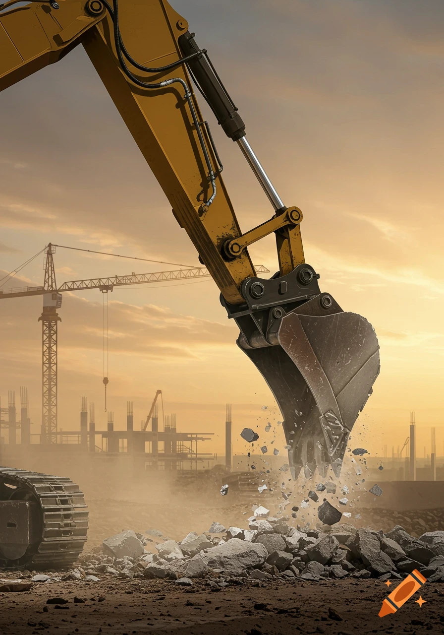 A large yellow excavator bucket digs into concrete debris at a dusty construction site with cranes against an orange sky.