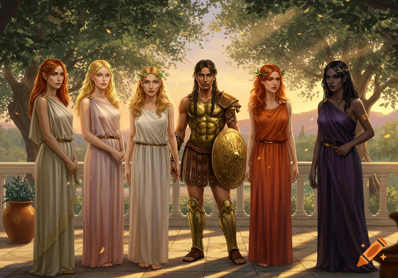A male warrior in golden armor stands among five women in colorful Grecian gowns on a balcony, with a lush tree and sunset in the background.