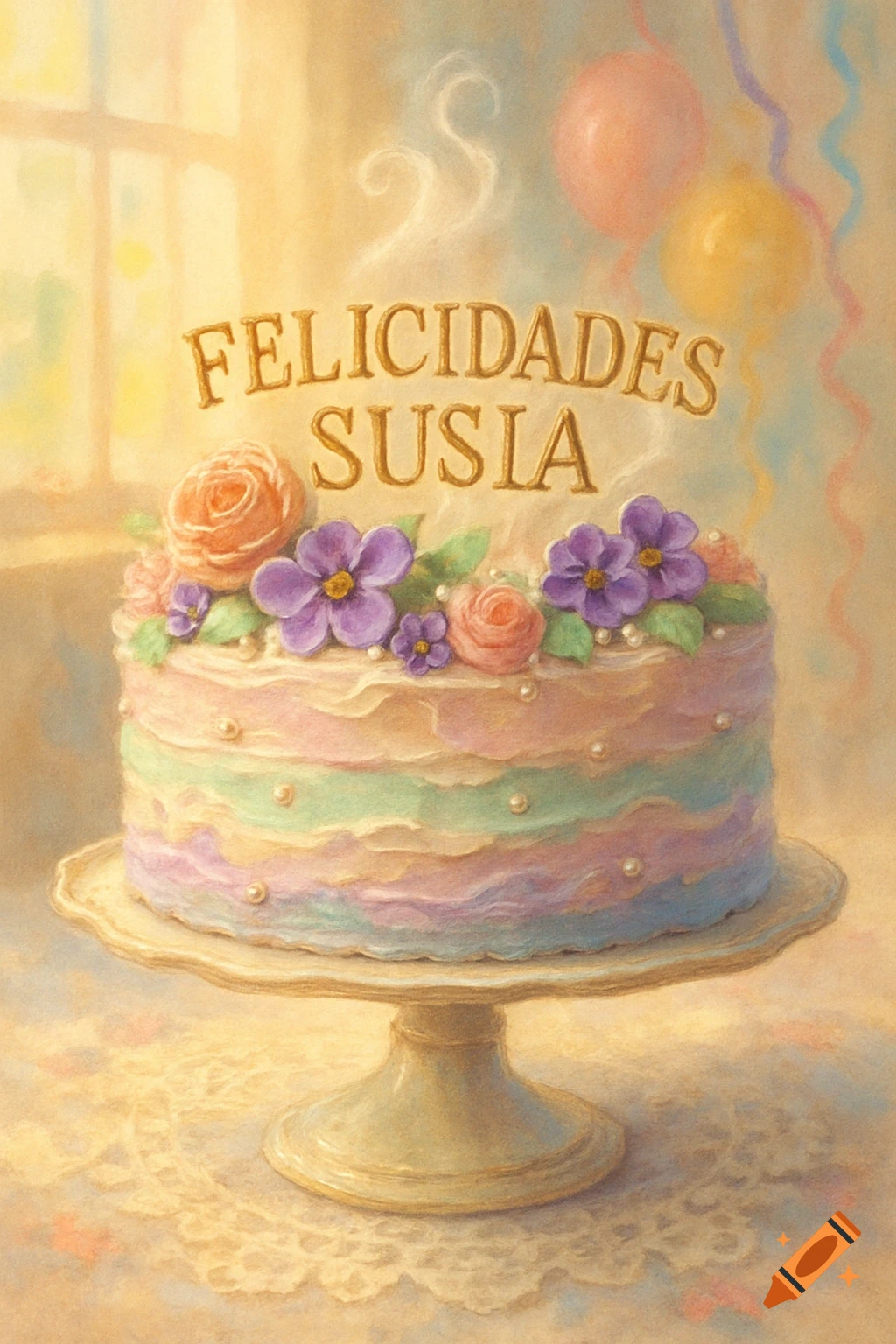 Pastel birthday cake with pastel frosting, flowers, pearls, and 'FELICIDADES SUSIA' text, with balloons in a soft, painterly style.