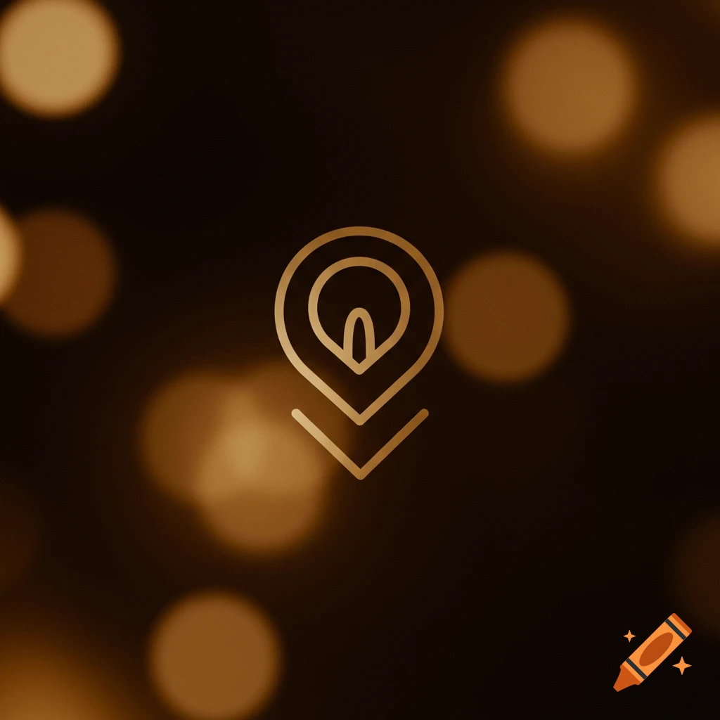 Minimalist gold logo featuring a stylized location pin or lightbulb on a dark background with warm, blurred bokeh lights.