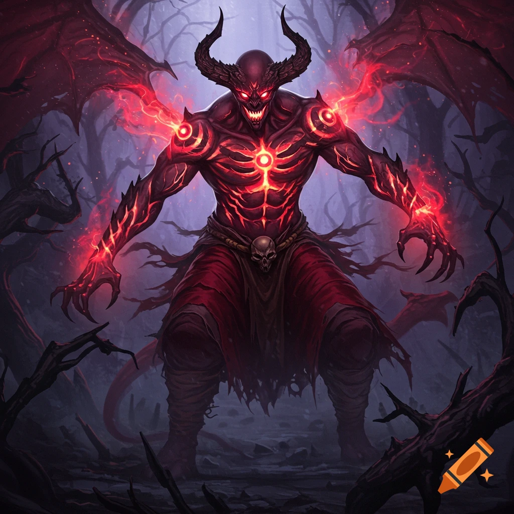 A menacing red demon with horns, glowing eyes, and large wings stands in a dark, misty forest.