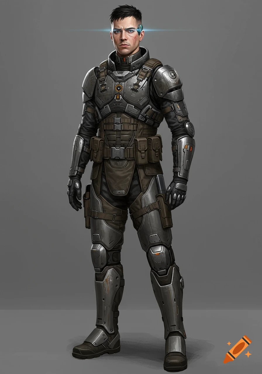 A male futuristic combat soldier in dark gray, Roman-inspired armor with a neural-link module on his temple. Concept art style.