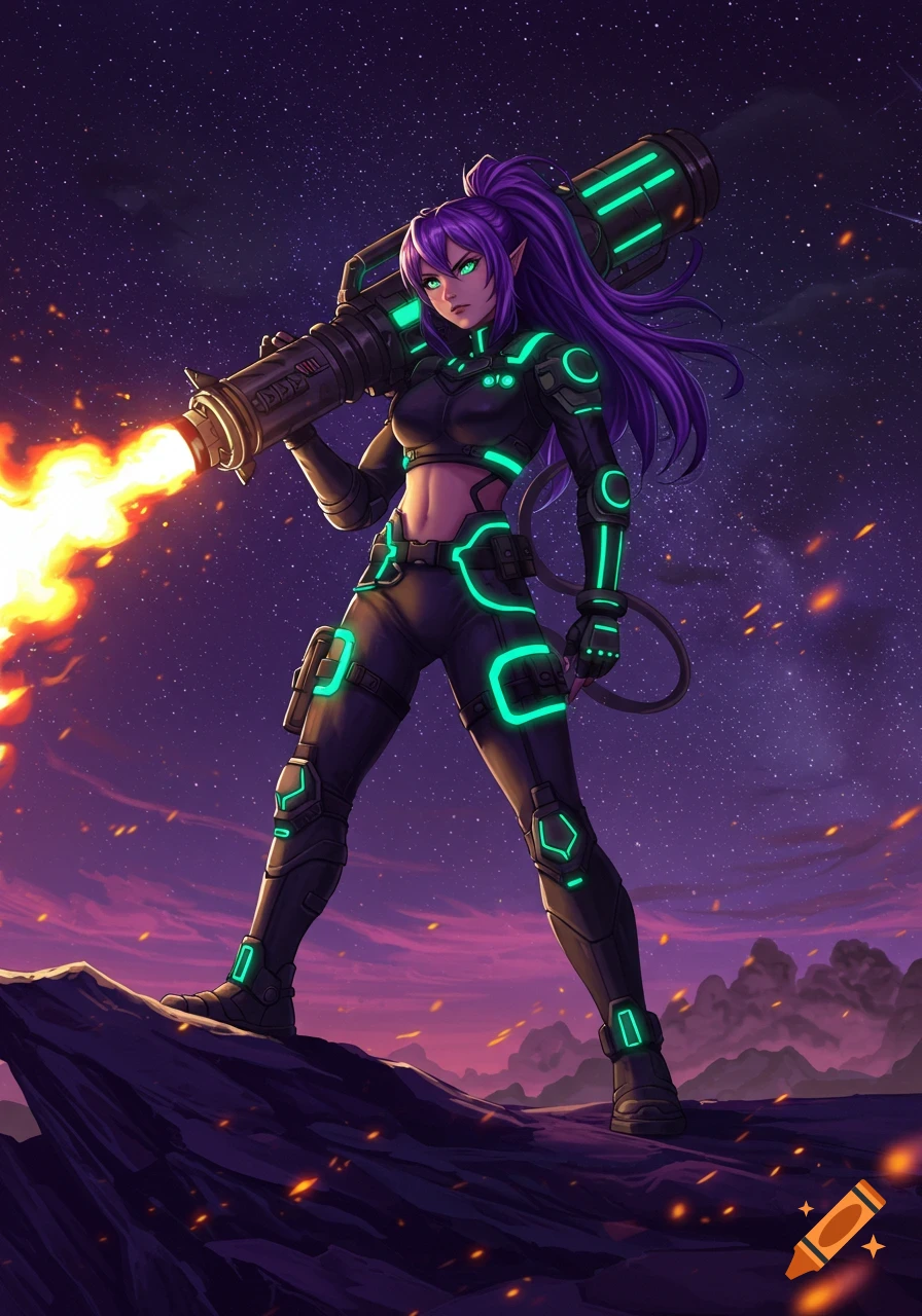 Purple-haired anime girl in a glowing suit on a rocky alien planet, firing a rocket launcher under a starry night sky, digital art.