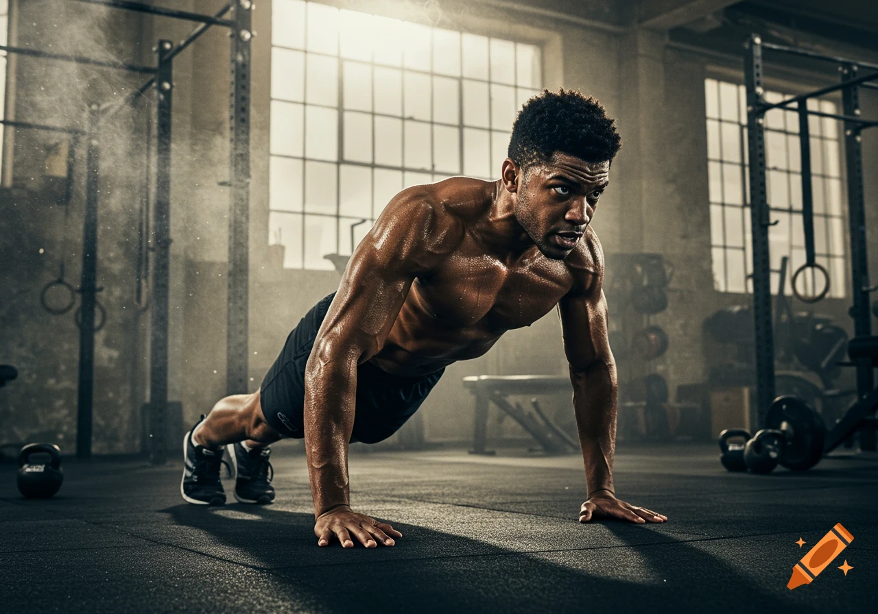 Photorealistic image of a muscular, sweaty man doing a push-up in a dimly lit gym.