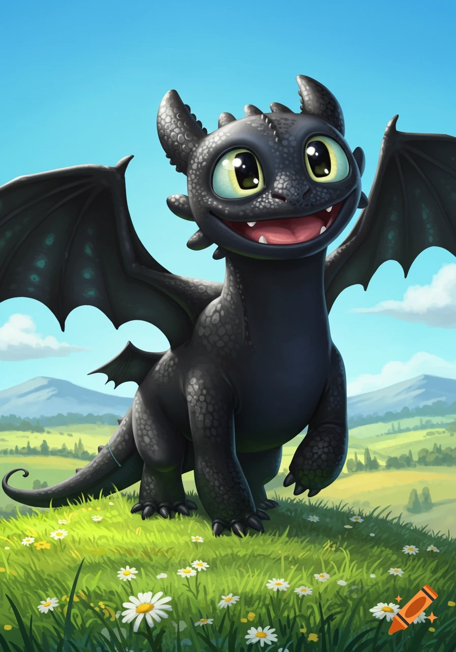 A friendly black cartoon dragon with big green eyes and a wide smile stands in a sunny green field with white daisies and mountains.