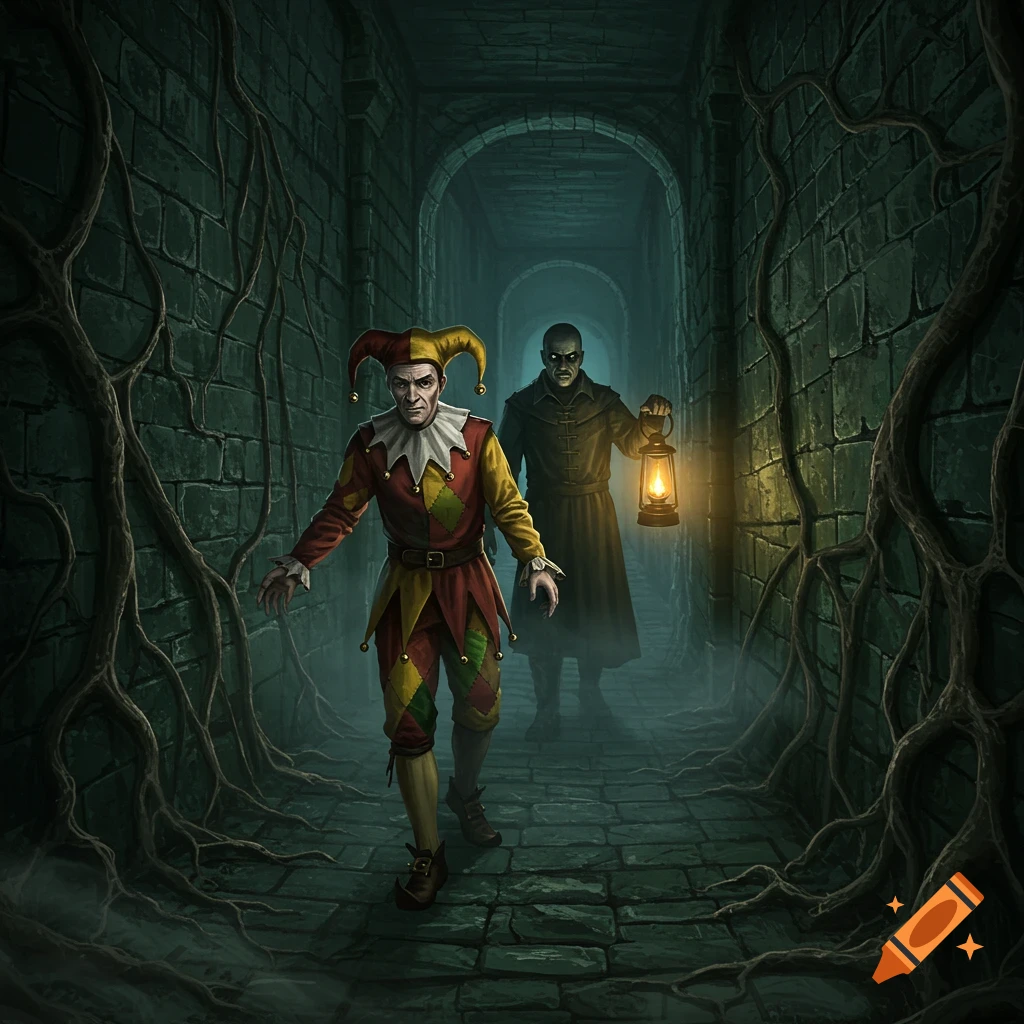 A jester with a grim expression is led through dark, vine-covered catacombs by a shadowy figure holding a glowing lantern.