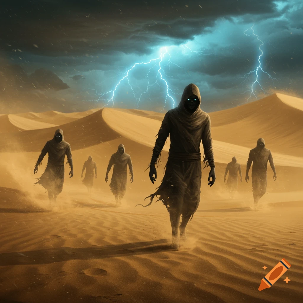 Hooded figures walk through a sandstorm in a desert under a lightning-filled sky.