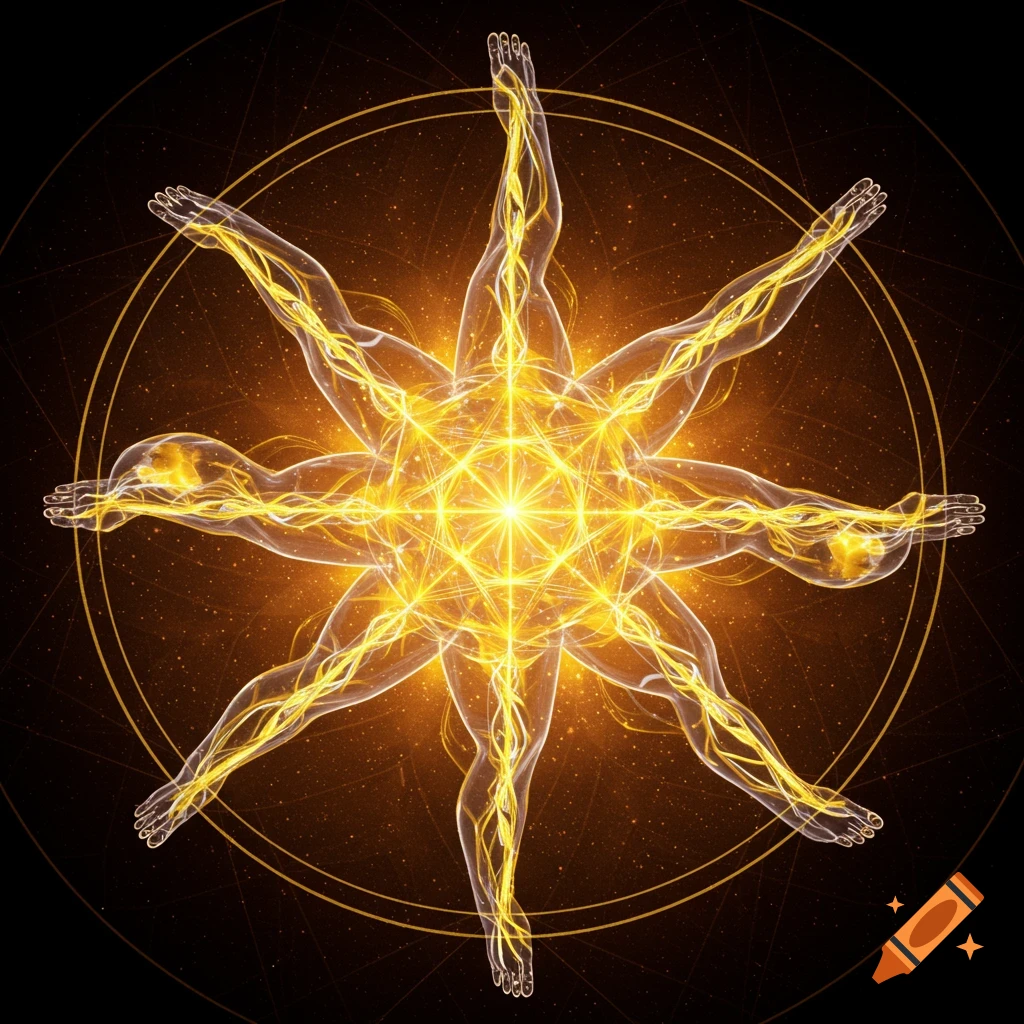 A glowing golden diagram of intertwined human figures forming an eight-pointed star, representing energy flows.