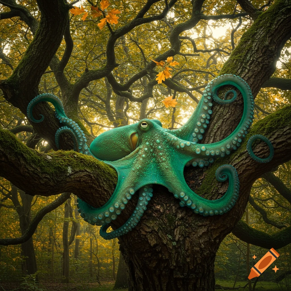 A vibrant green octopus with turquoise suckers clings to a moss-covered tree in a sunlit autumnal forest, depicted in a photorealistic style.