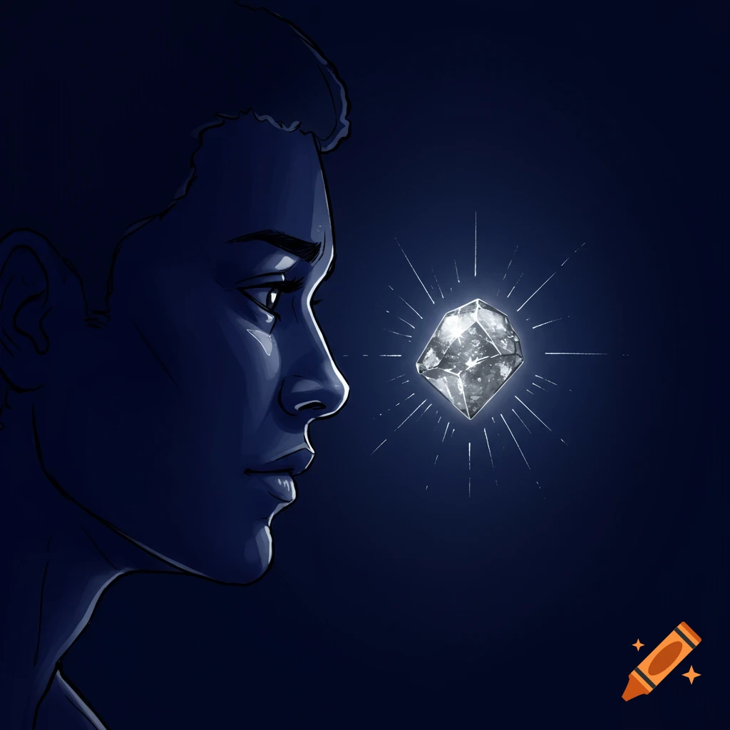 Stylized digital illustration of a person's profile looking at a glowing diamond on a dark background.