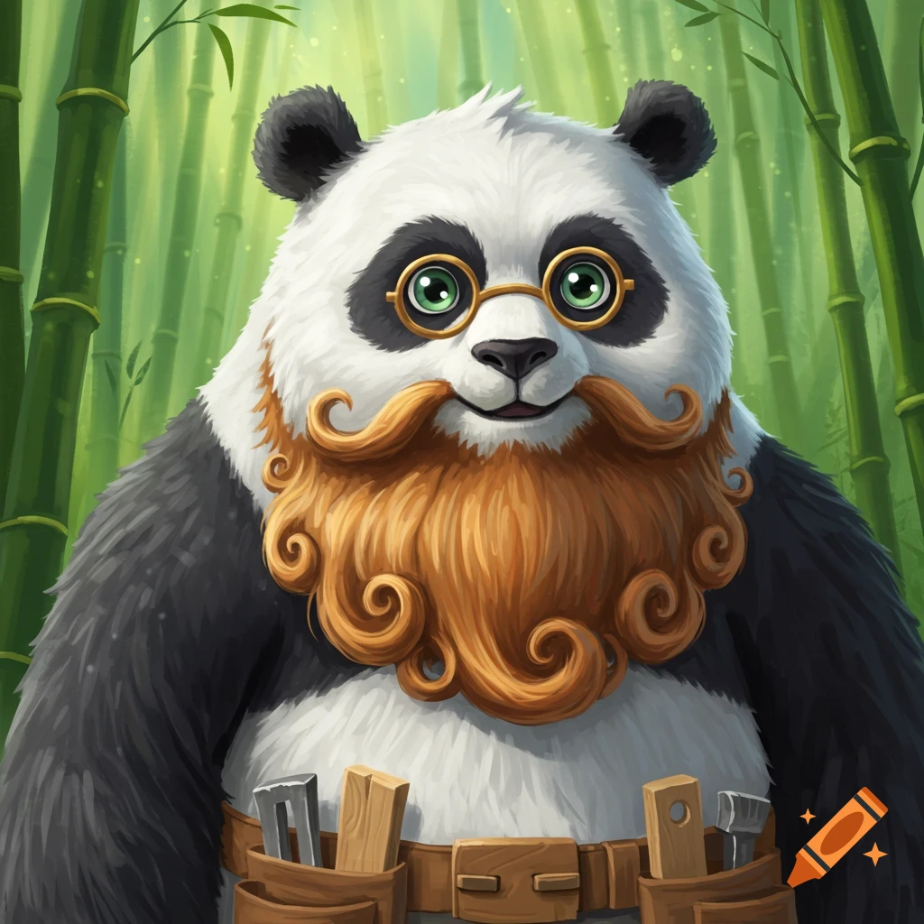 A cartoon panda with round glasses, a curly orange beard, and a tool belt, standing in a bamboo forest.
