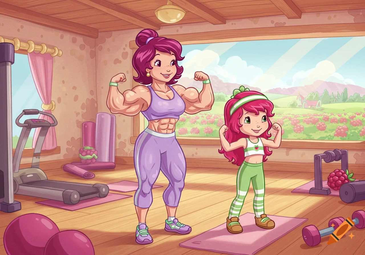 Muscular cartoon woman and child flex in a bright gym with a window view of a raspberry field.
